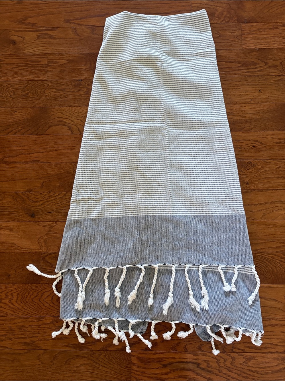Striped Gray and White Turkish Style Bath Towel with Fringe
